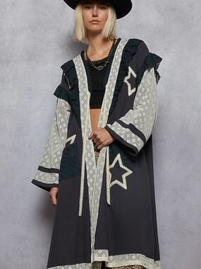 NEW!!! POL Embroidered Star Pattern Long Duster - Navy & Cream, NWT